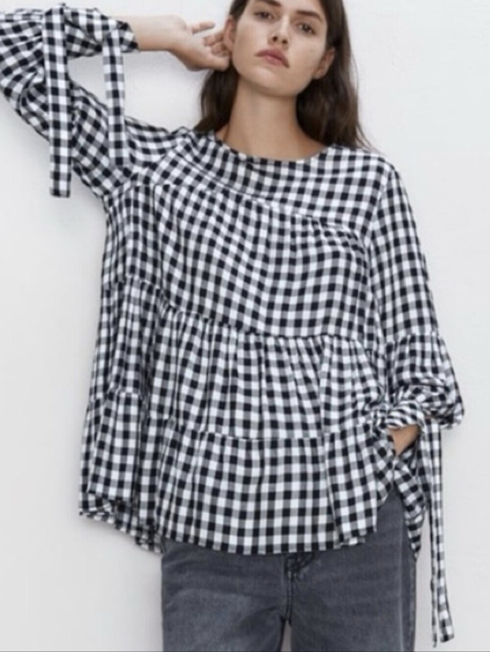 Zara Womens Top Black and White Gingham Tiered Relax Blouse Tie-Sleeve Sz S